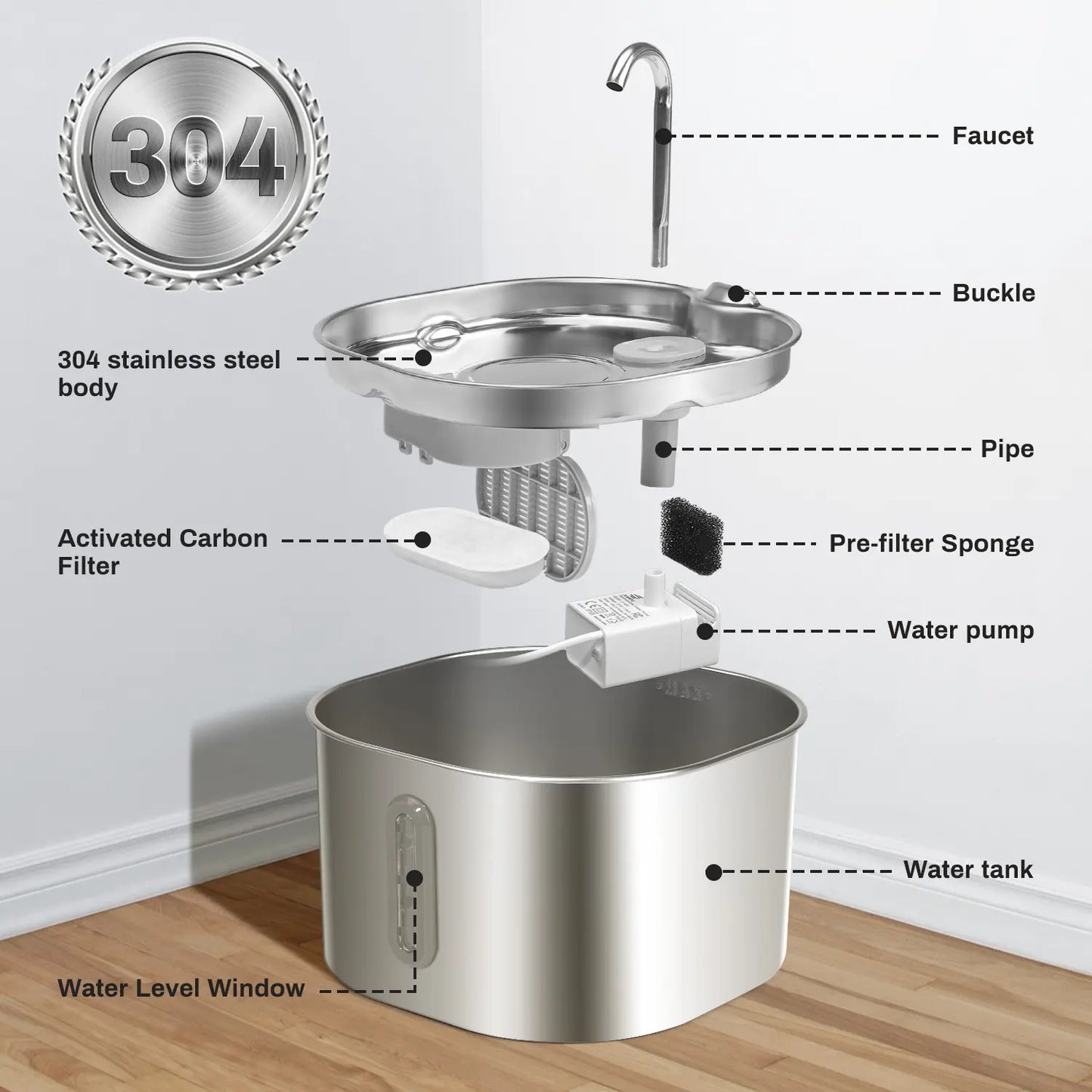 2.2L Stainless Steel Cat Water Fountain with LED Water Level Window, Quiet Drinking Fountain Pet Water Dispenser for Cats & Small Dogs